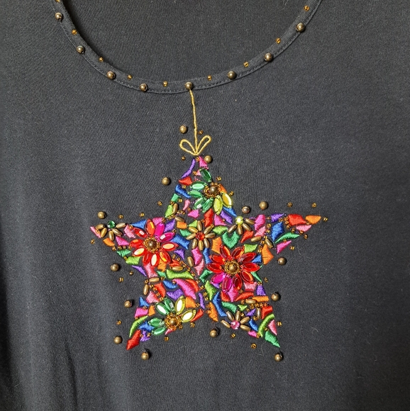 Quacker Factory Embellished Bead Embroidered Colorful Star Black Top Size Large - Picture 3 of 12